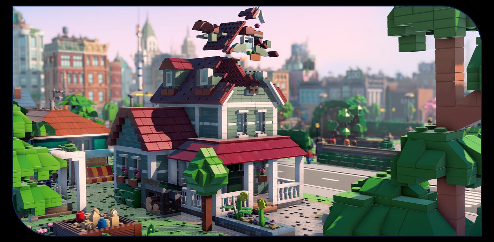 LEGO Skylines gameplay screenshot of a brick city with roads, parks, and services
